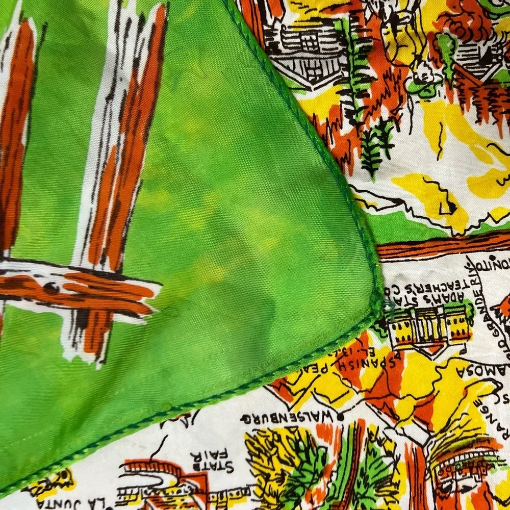 Vintage Colorful Colorado Centennial Souvenir Silk Scarf Picture Map Green